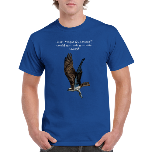 Osprey Lifting Off: A Magic Questions® T-Shirt by Keith Ellis-Front modeled by man
