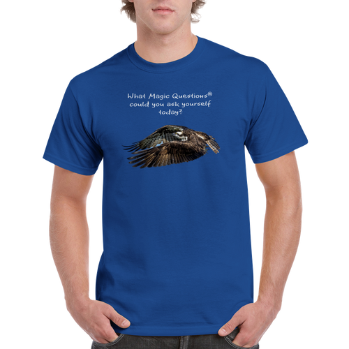 Osprey Taking Flight: A Magic Questions® T-Shirt by Keith Ellis-Front modeled by man
