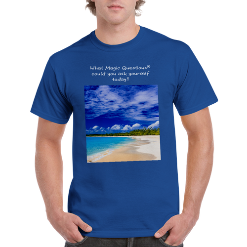Half Moon Cay: A Magic Questions® T-Shirt by Keith Ellis-Front, modeled by man