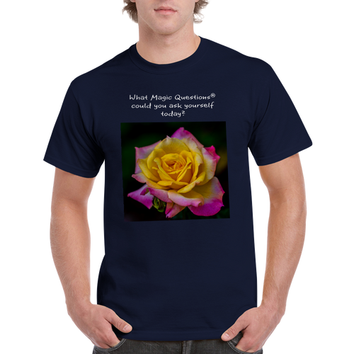 November Rose: A Magic Questions® T-Shirt by Keith Ellis-Front modeled by man