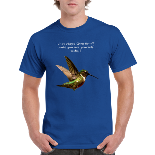Hovering Hummingbird: A Magic Questions® T-Shirt by Keith Ellis, Royal Blue-Front modeled by man