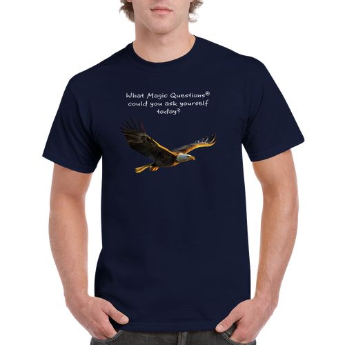 Eagle Glowing at Sunrise: A Magic Questions® T-Shirt by Keith Ellis-Front modeled by man 
